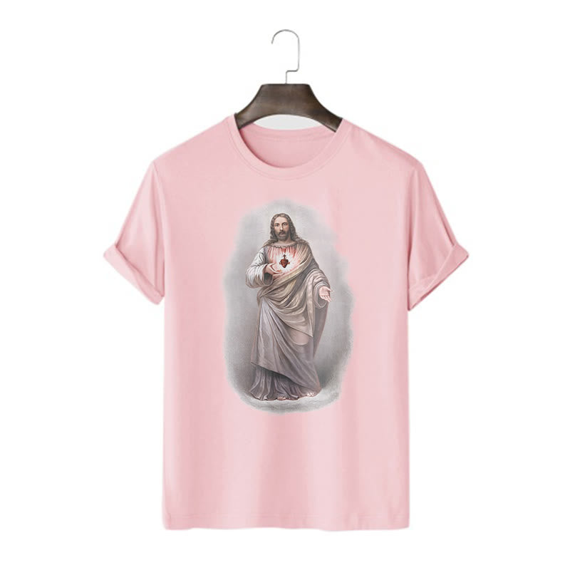 Christianartworkshop Retro Style Sacred Heart Short Sleeve Washed T-shirt - Pink - 2XL - image 13