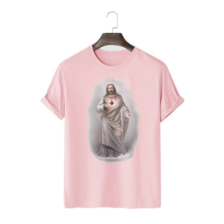 Christianartworkshop Retro Style Sacred Heart Short Sleeve Washed T-shirt - Pink - 2XL - image 13