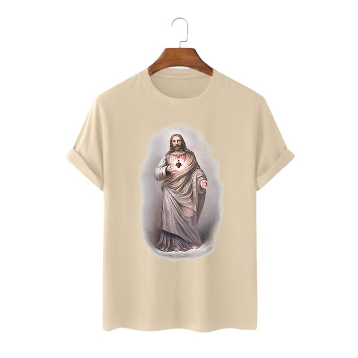 Christianartworkshop Retro Style Sacred Heart Short Sleeve Washed T-shirt - Khaki - 2XL - image 7