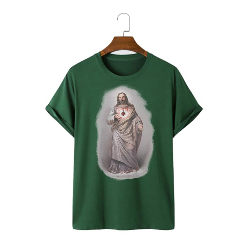 Christianartworkshop Retro Style Sacred Heart Short Sleeve Washed T-shirt - Dark Green - 2XL - image 9