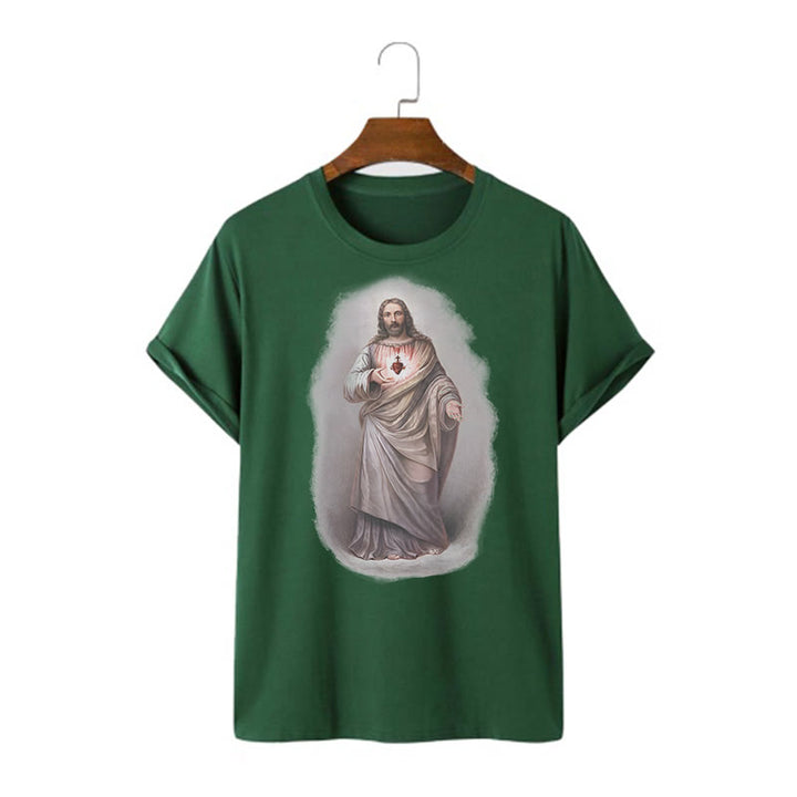 Christianartworkshop Retro Style Sacred Heart Short Sleeve Washed T-shirt - Dark Green - 2XL - image 9