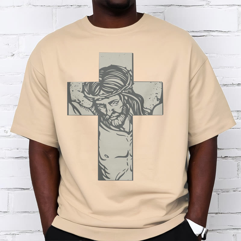 Christianartworkshop Retro Style Jesus on the Cross Short Sleeve Washed T-shirt