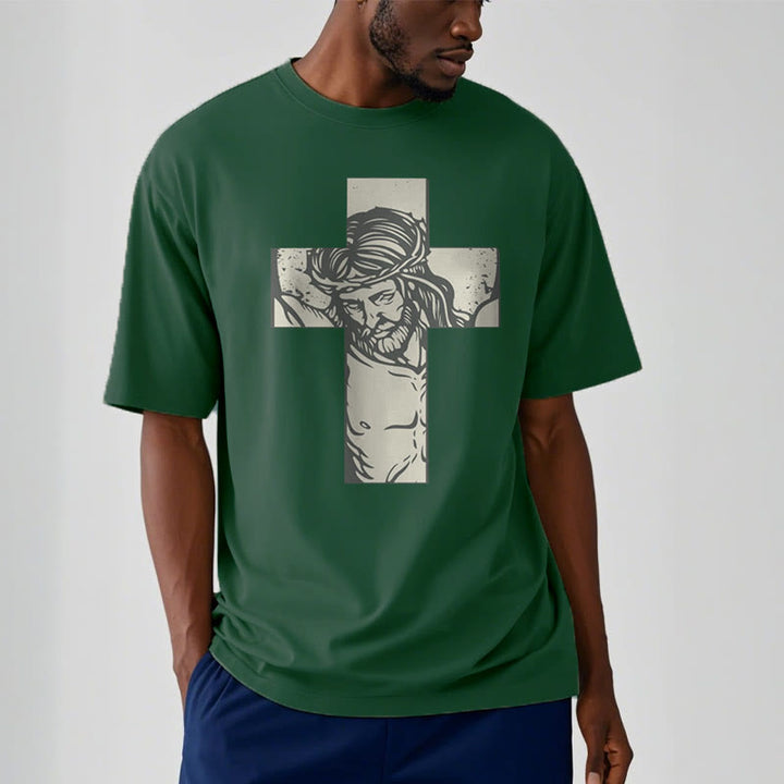 Christianartworkshop Retro Style Jesus on the Cross Short Sleeve Washed T-shirt