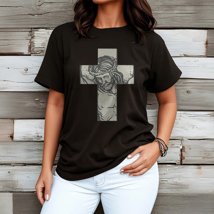 Christianartworkshop Retro Style Jesus on the Cross Short Sleeve Washed T-shirt