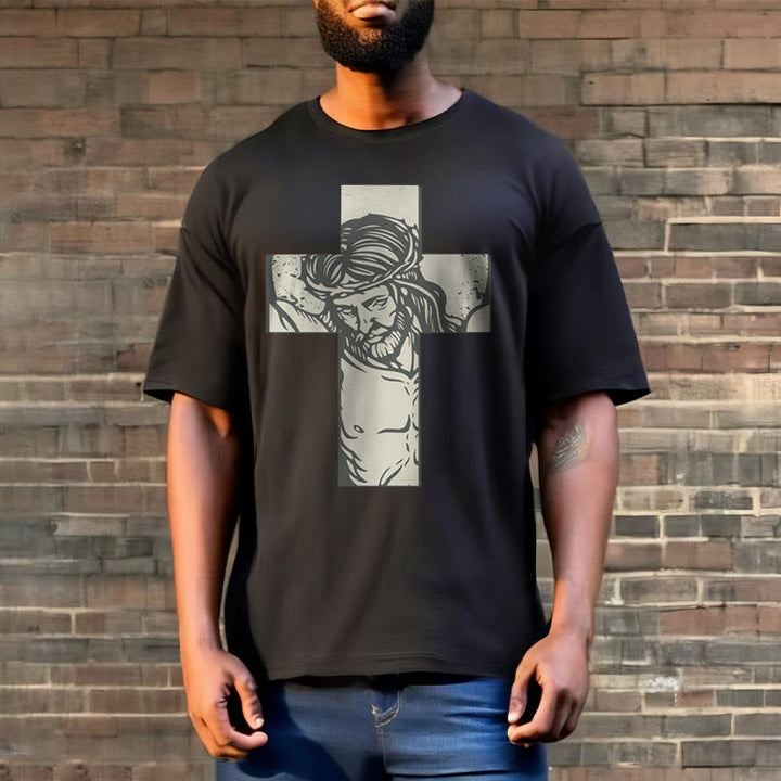 Christianartworkshop Retro Style Jesus on the Cross Short Sleeve Washed T-shirt