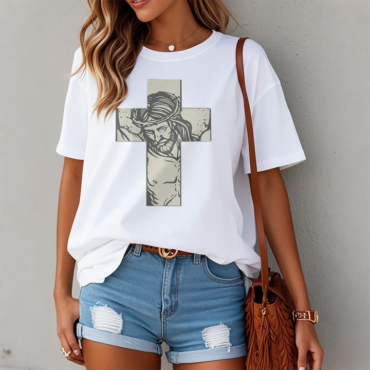 Christianartworkshop Retro Style Jesus on the Cross Short Sleeve Washed T-shirt