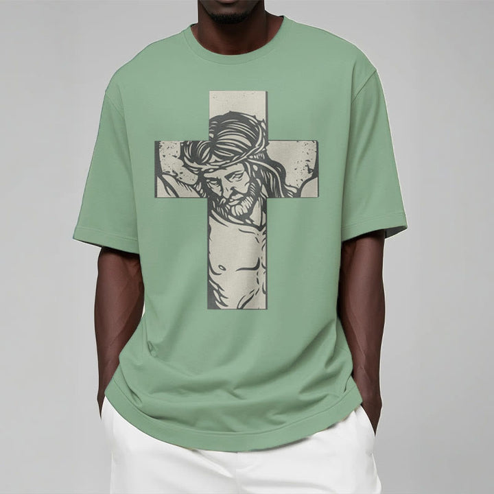 Christianartworkshop Retro Style Jesus on the Cross Short Sleeve Washed T-shirt