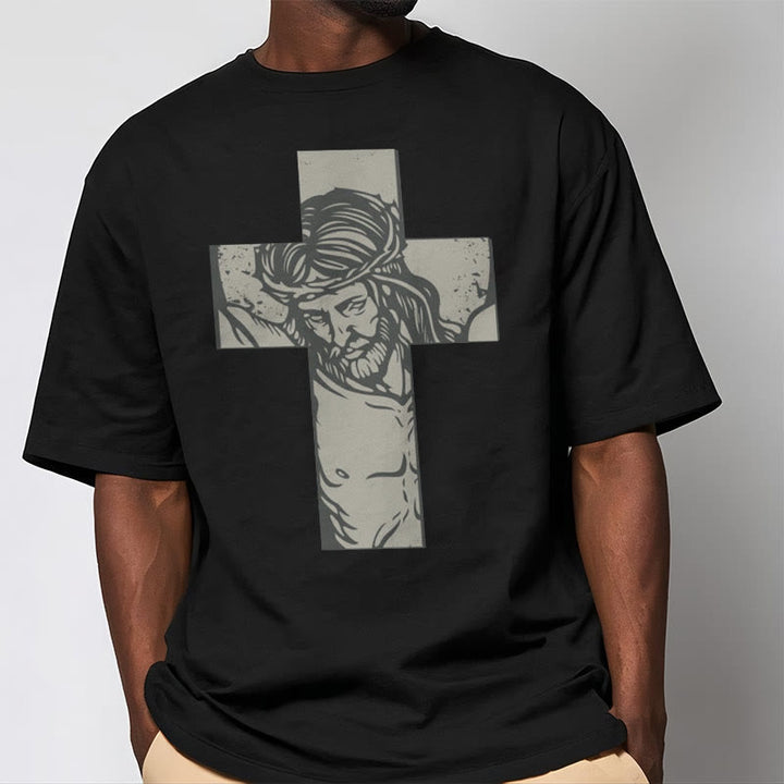 Christianartworkshop Retro Style Jesus on the Cross Short Sleeve Washed T-shirt