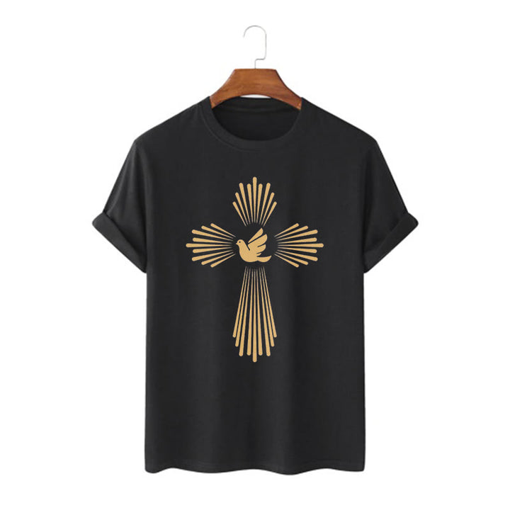 Christianartworkshop Minimalist Style Holy Spirit Dove Golden Cross and Short Sleeve Washed T-shirt