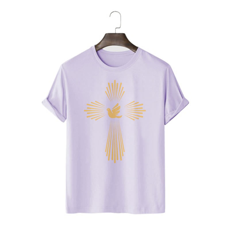 Christianartworkshop Minimalist Style Holy Spirit Dove Golden Cross and Short Sleeve Washed T-shirt