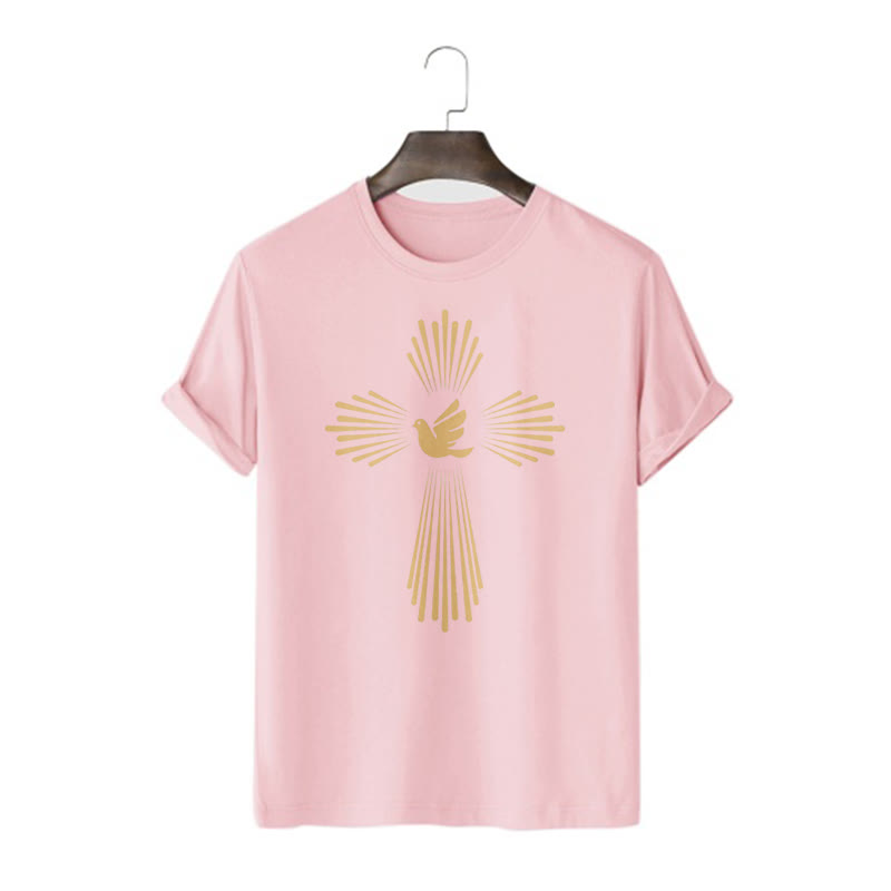 Christianartworkshop Minimalist Style Holy Spirit Dove Golden Cross and Short Sleeve T-shirt - Pink - 2XL - image 13