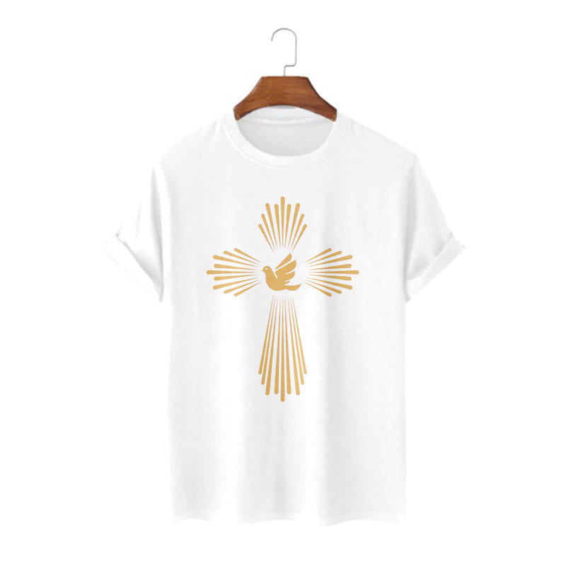 Christianartworkshop Minimalist Style Holy Spirit Dove Golden Cross and Short Sleeve Washed T-shirt