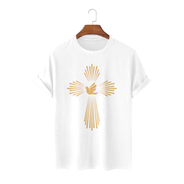 Christianartworkshop Minimalist Style Holy Spirit Dove Golden Cross and Short Sleeve Washed T-shirt