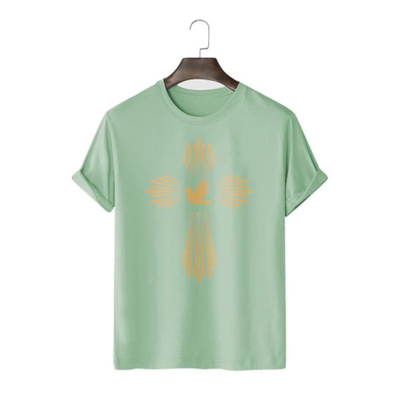 Christianartworkshop Minimalist Style Holy Spirit Dove Golden Cross and Short Sleeve Washed T-shirt