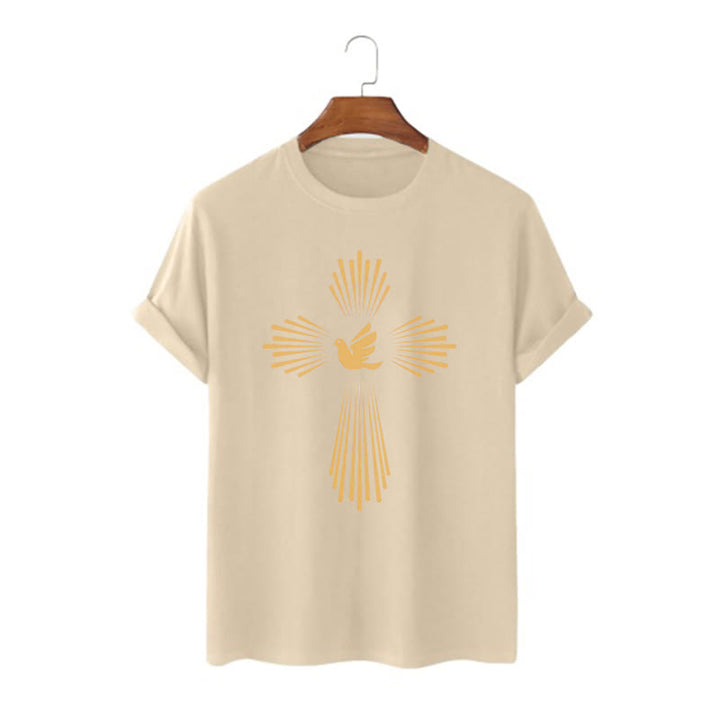 Christianartworkshop Minimalist Style Holy Spirit Dove Golden Cross and Short Sleeve Washed T-shirt