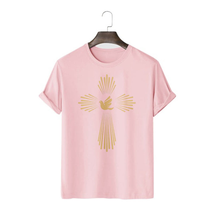 Christianartworkshop Minimalist Style Holy Spirit Dove Golden Cross and Short Sleeve Washed T-shirt