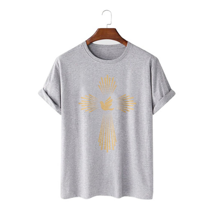 Christianartworkshop Minimalist Style Holy Spirit Dove Golden Cross and Short Sleeve Washed T-shirt