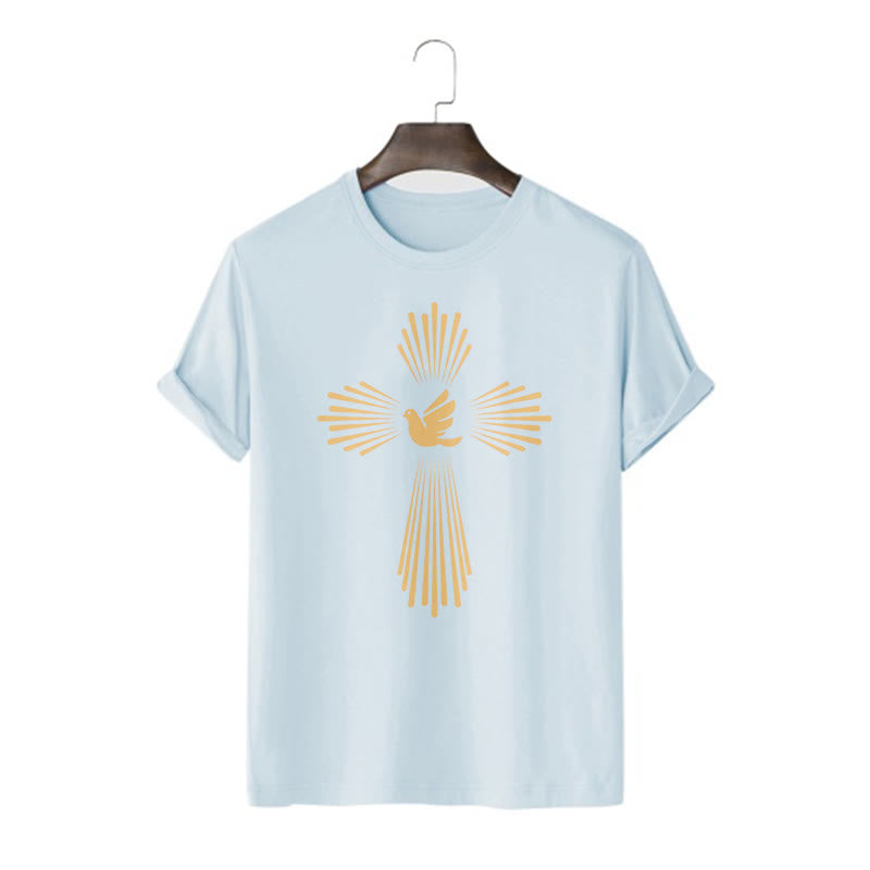 Christianartworkshop Minimalist Style Holy Spirit Dove Golden Cross and Short Sleeve Washed T-shirt