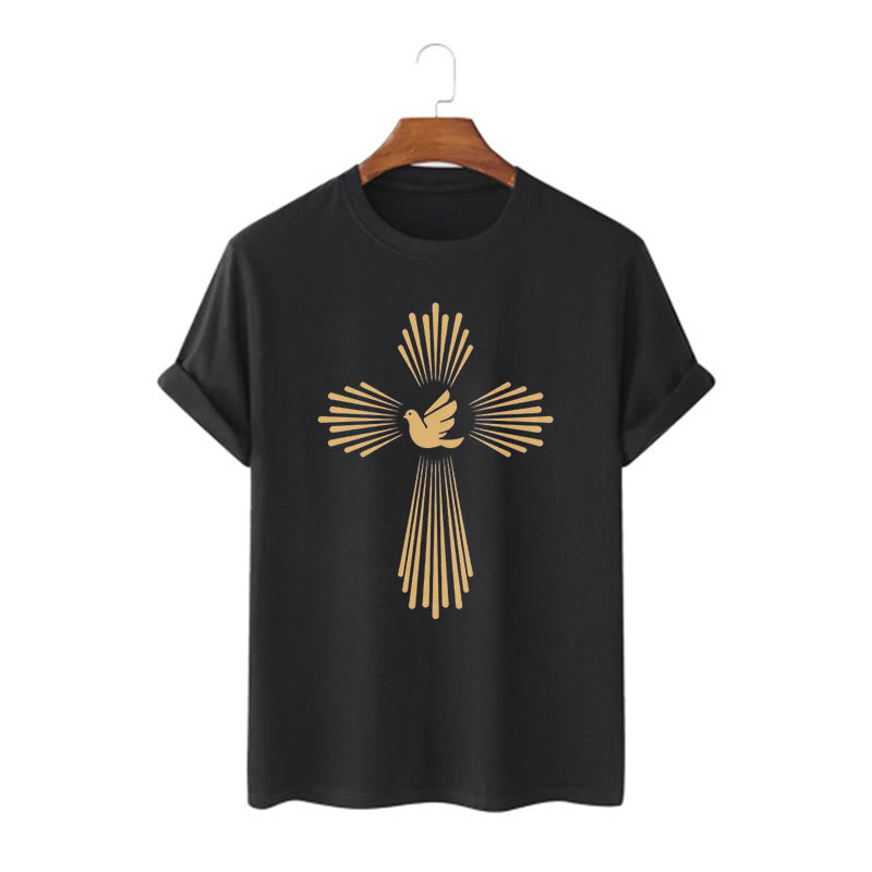 Christianartworkshop Minimalist Style Holy Spirit Dove Golden Cross and Short Sleeve T-shirt - Black - 2XL - image 0