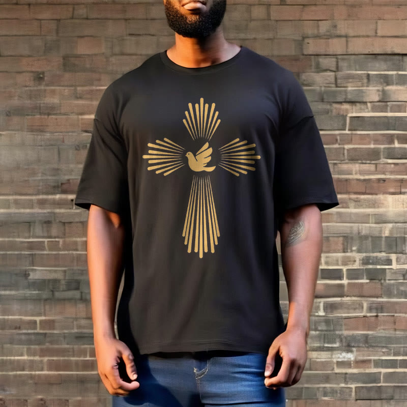 Christianartworkshop Minimalist Style Holy Spirit Dove Golden Cross and Short Sleeve Washed T-shirt