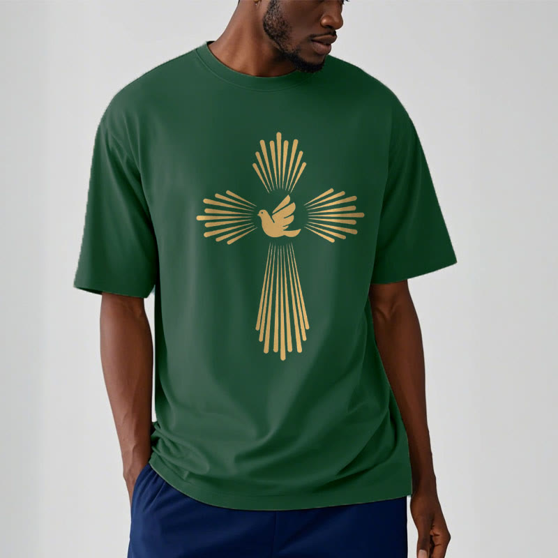 Christianartworkshop Minimalist Style Holy Spirit Dove Golden Cross and Short Sleeve Washed T-shirt