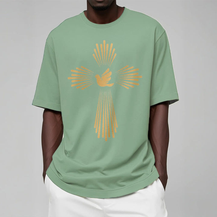 Christianartworkshop Minimalist Style Holy Spirit Dove Golden Cross and Short Sleeve Washed T-shirt