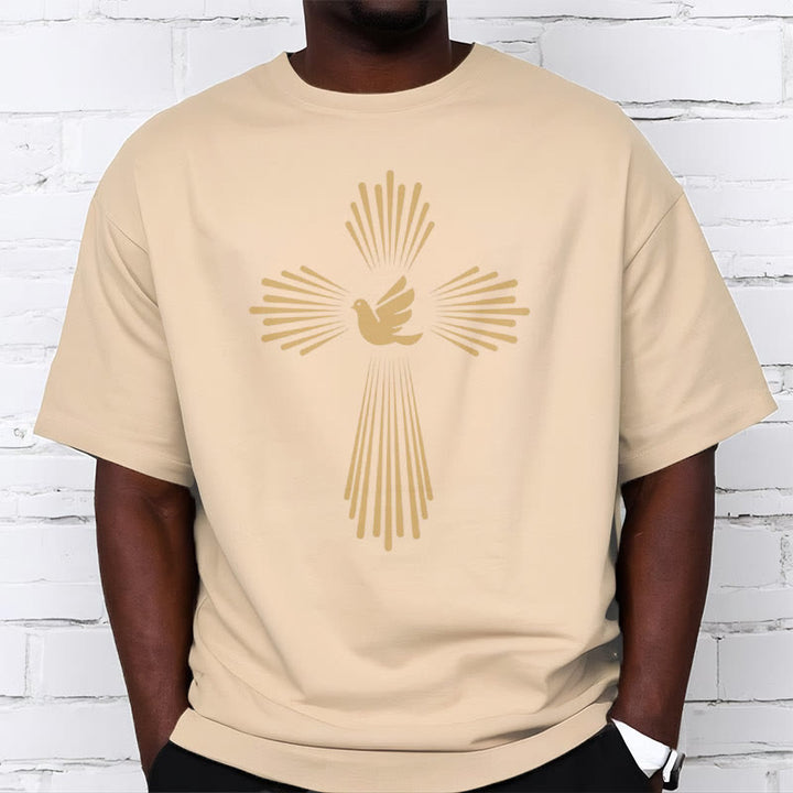 Christianartworkshop Minimalist Style Holy Spirit Dove Golden Cross and Short Sleeve Washed T-shirt