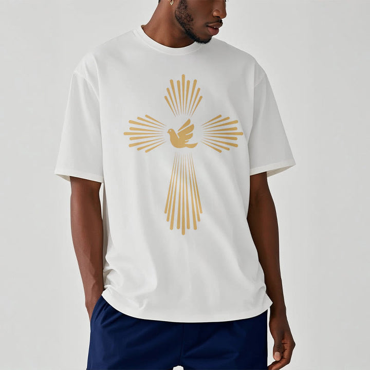 Christianartworkshop Minimalist Style Holy Spirit Dove Golden Cross and Short Sleeve Washed T-shirt