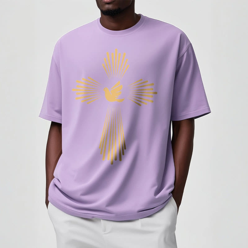 Christianartworkshop Minimalist Style Holy Spirit Dove Golden Cross and Short Sleeve Washed T-shirt