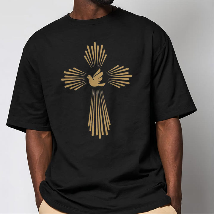 Christianartworkshop Minimalist Style Holy Spirit Dove Golden Cross and Short Sleeve Washed T-shirt