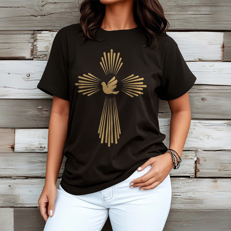 Christianartworkshop Minimalist Style Holy Spirit Dove Golden Cross and Short Sleeve Washed T-shirt