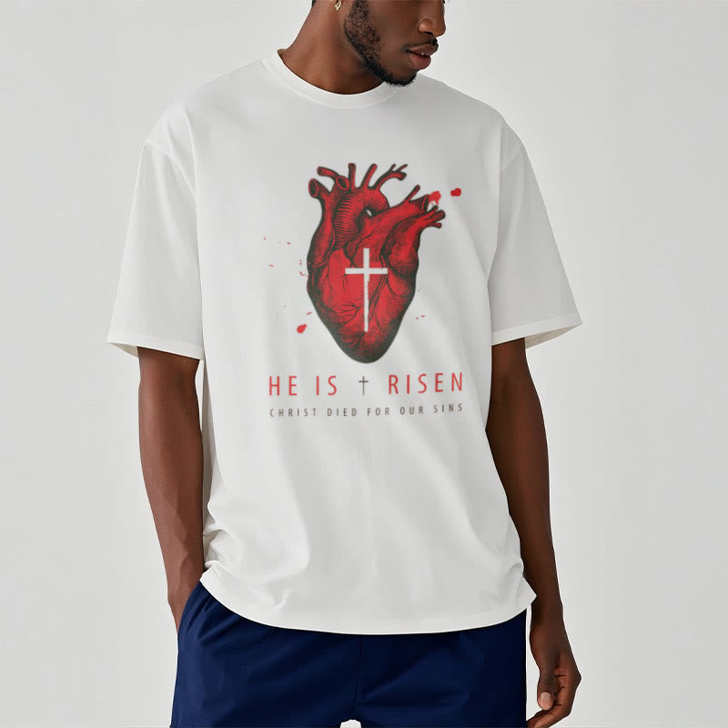 Christianartworkshop Classic Style He Is Risen Christian Heart and Cross Short Sleeve Washed T-shirt