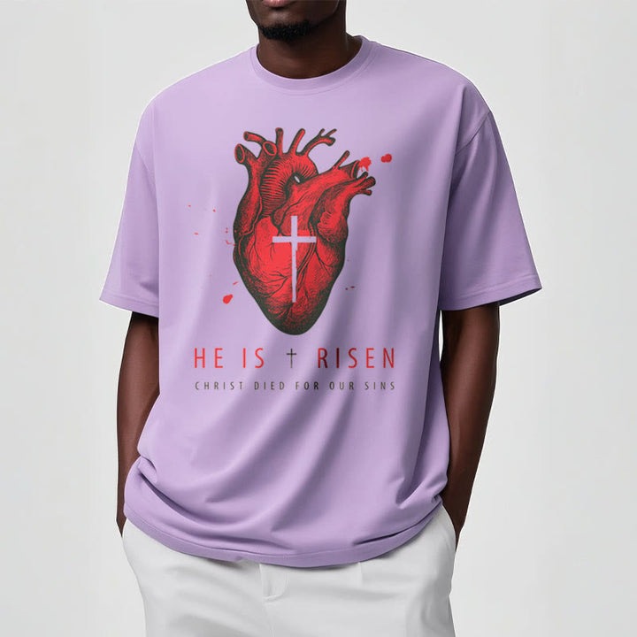 Christianartworkshop Classic Style He Is Risen Christian Heart and Cross Short Sleeve Washed T-shirt