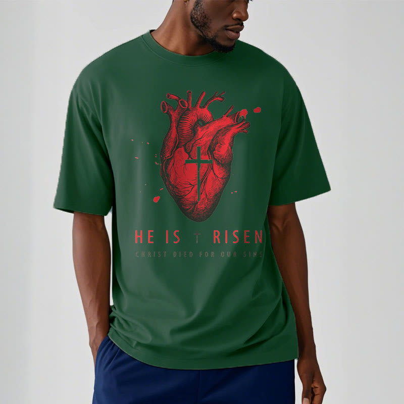 Christianartworkshop Classic Style He Is Risen Christian Heart and Cross Short Sleeve Washed T-shirt