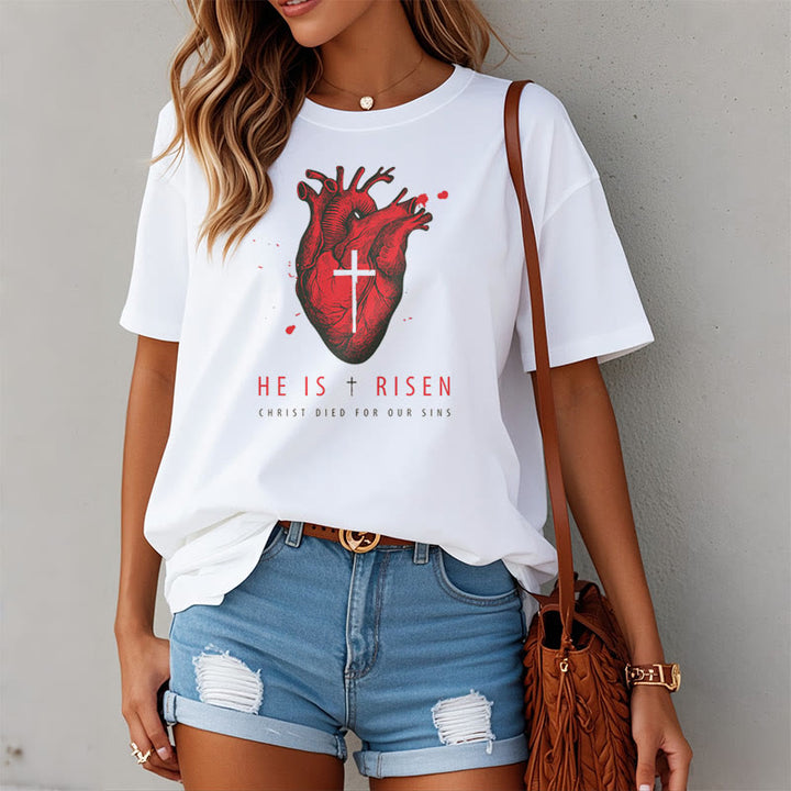 Christianartworkshop Classic Style He Is Risen Christian Heart and Cross Short Sleeve Washed T-shirt