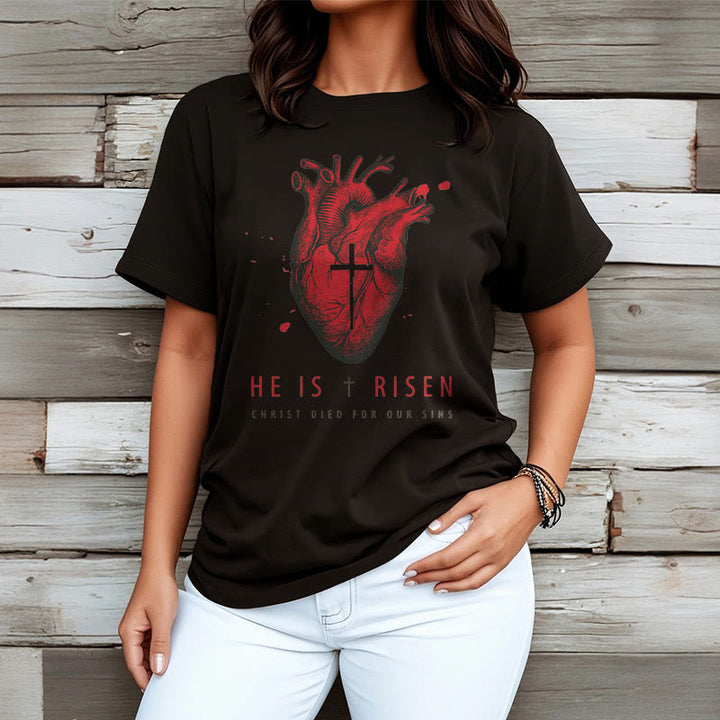 Christianartworkshop Classic Style He Is Risen Christian Heart and Cross Short Sleeve Washed T-shirt