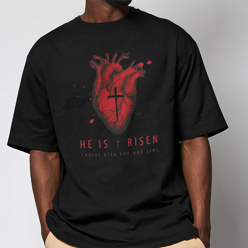 Christianartworkshop Classic Style He Is Risen Christian Heart and Cross Short Sleeve Washed T-shirt