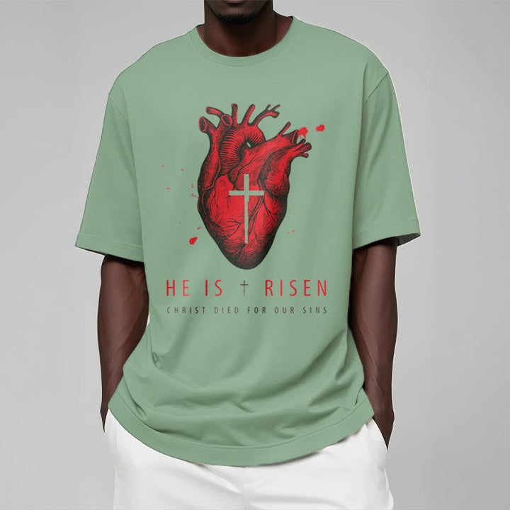 Christianartworkshop Classic Style He Is Risen Christian Heart and Cross Short Sleeve Washed T-shirt