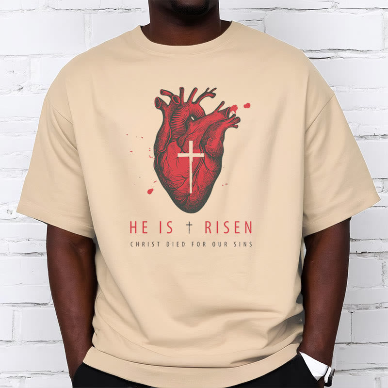 Christianartworkshop Classic Style He Is Risen Christian Heart and Cross Short Sleeve Washed T-shirt