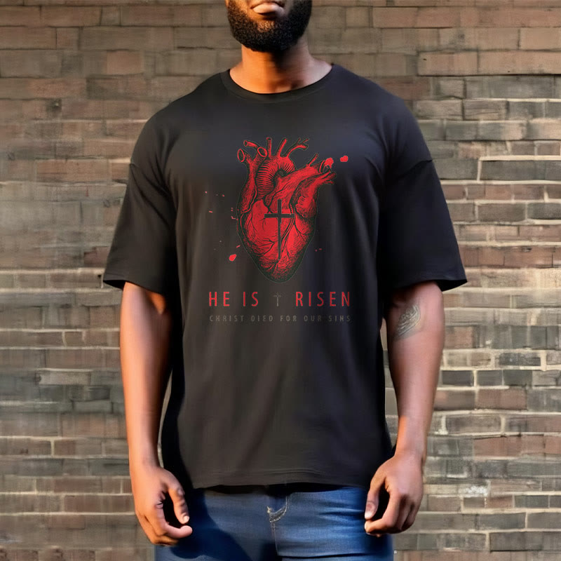 Christianartworkshop Classic Style He Is Risen Christian Heart and Cross Short Sleeve Washed T-shirt