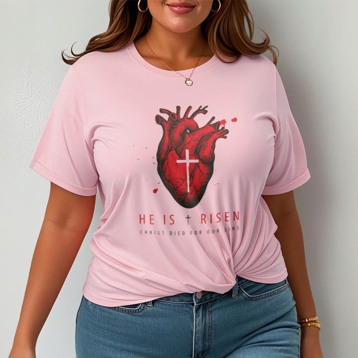 Christianartworkshop Classic Style He Is Risen Christian Heart and Cross Short Sleeve Washed T-shirt