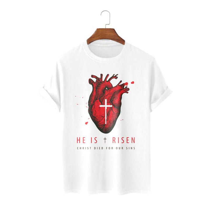 Christianartworkshop Classic Style He Is Risen Christian Heart and Cross Short Sleeve Washed T-shirt