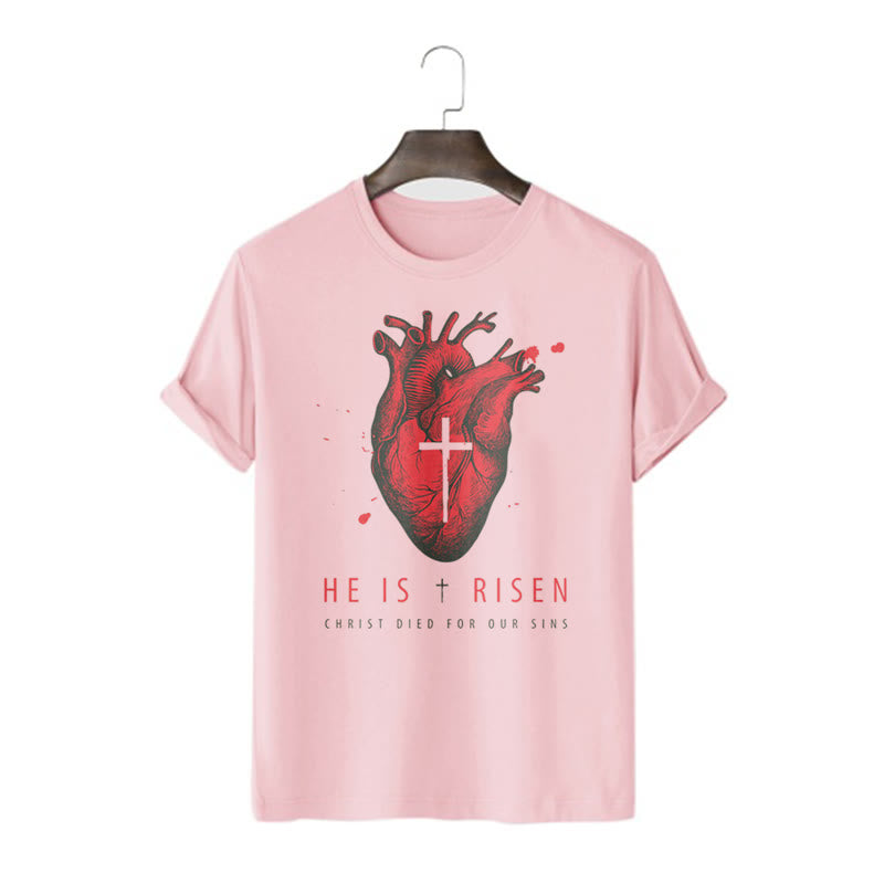 Christianartworkshop Classic Style He Is Risen Christian Heart and Cross Short Sleeve Washed T-shirt