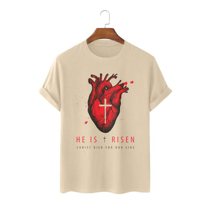 Christianartworkshop Classic Style He Is Risen Christian Heart and Cross Short Sleeve Washed T-shirt