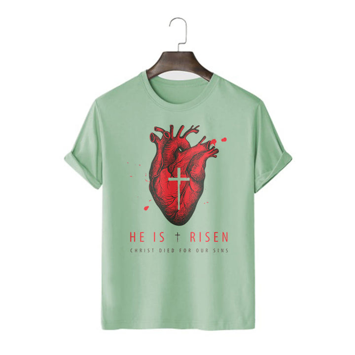 Christianartworkshop Classic Style He Is Risen Christian Heart and Cross Short Sleeve Washed T-shirt