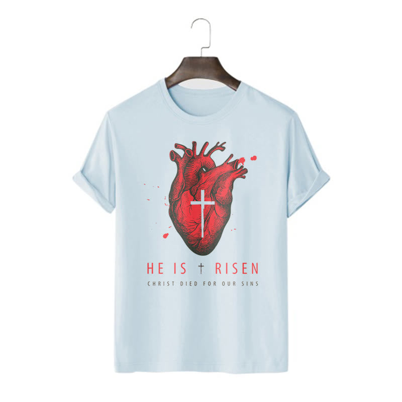 Christianartworkshop Classic Style He Is Risen Christian Heart and Cross Short Sleeve Washed T-shirt