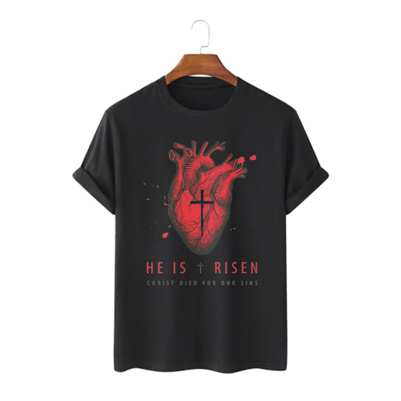 Christianartworkshop Classic Style He Is Risen Christian Heart and Cross Short Sleeve Washed T-shirt