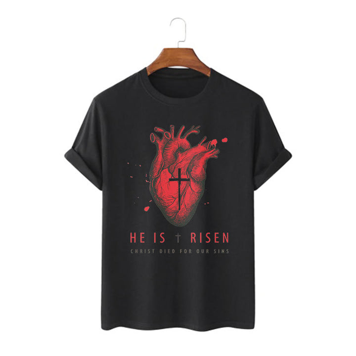 Christianartworkshop Classic Style He Is Risen Christian Heart and Cross Short Sleeve Washed T-shirt