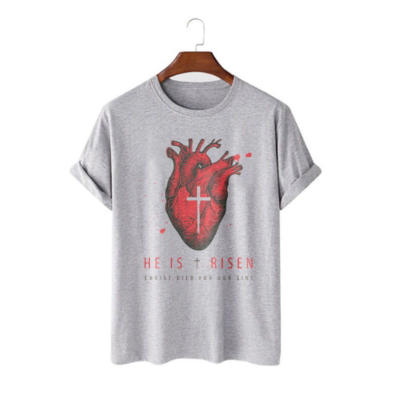 Christianartworkshop Classic Style He Is Risen Christian Heart and Cross Short Sleeve Washed T-shirt