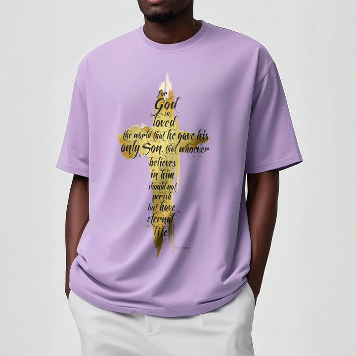 Christianartworkshop Quotation Style Golden Cross Scripture - John 3:16 Short Sleeve Washed T-shirt